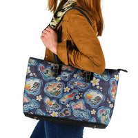 Hawaii Islands Map Design with Japanese Landscape Leather Tote Bag Hawaiian Japan Fusion Art Navy Color LT03 Navy - Polynesian Pride