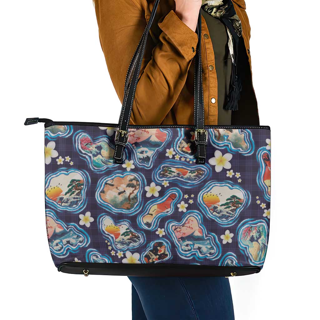 Hawaii Islands Map Design with Japanese Landscape Leather Tote Bag Hawaiian Japan Fusion Art Navy Color LT03 - Polynesian Pride