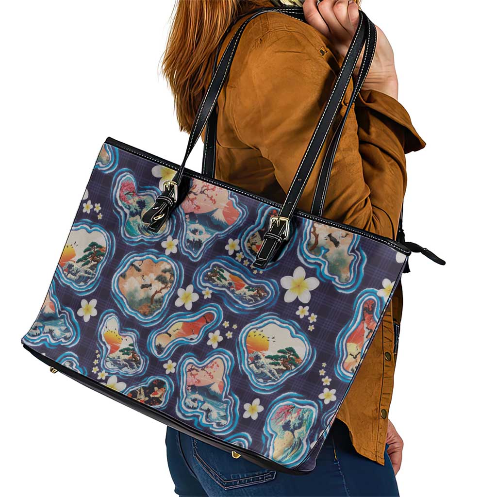 Hawaii Islands Map Design with Japanese Landscape Leather Tote Bag Hawaiian Japan Fusion Art Navy Color LT03 - Polynesian Pride
