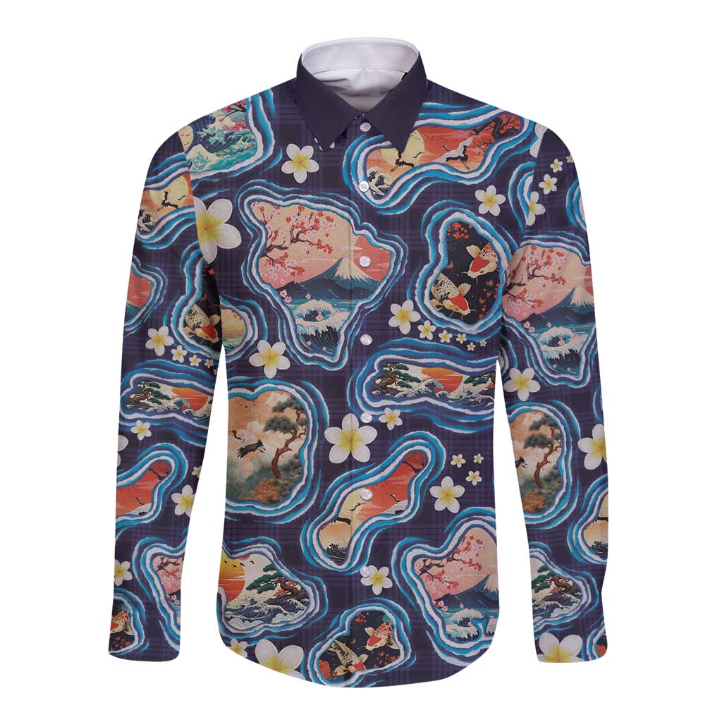 Hawaii Islands Map Design with Japanese Landscape Long Sleeve Button Shirt Hawaiian Japan Fusion Art Navy Color