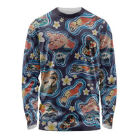 Hawaii Islands Map Design with Japanese Landscape Long Sleeve Shirt Hawaiian Japan Fusion Art Navy Color LT03 Unisex Navy - Polynesian Pride