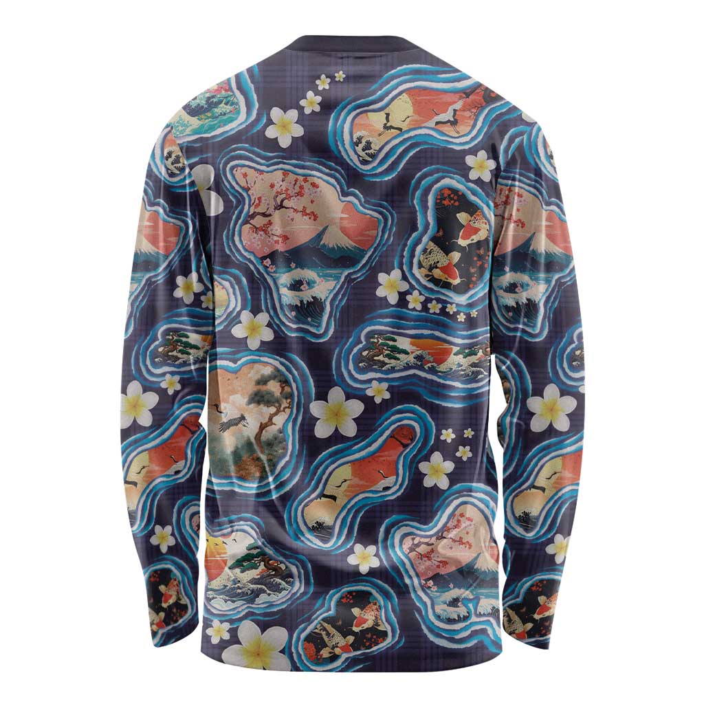 Hawaii Islands Map Design with Japanese Landscape Long Sleeve Shirt Hawaiian Japan Fusion Art Navy Color LT03 - Polynesian Pride