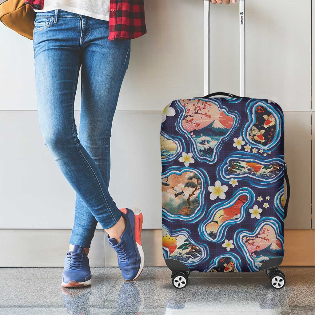 Hawaii Islands Map Design with Japanese Landscape Luggage Cover Hawaiian Japan Fusion Art Navy Color LT03 - Polynesian Pride