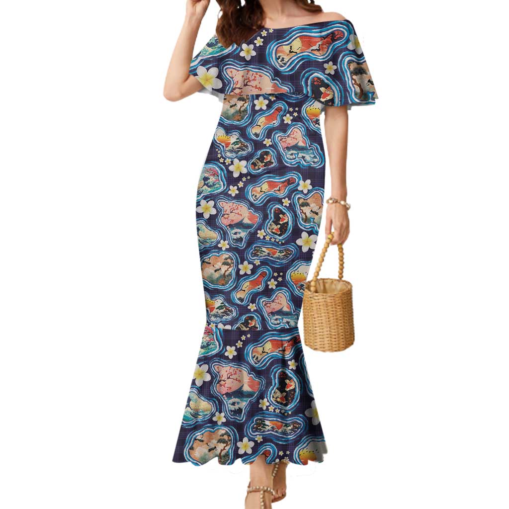 Hawaii Islands Map Design with Japanese Landscape Mermaid Dress Hawaiian Japan Fusion Art Navy Color LT03 Women Navy - Polynesian Pride