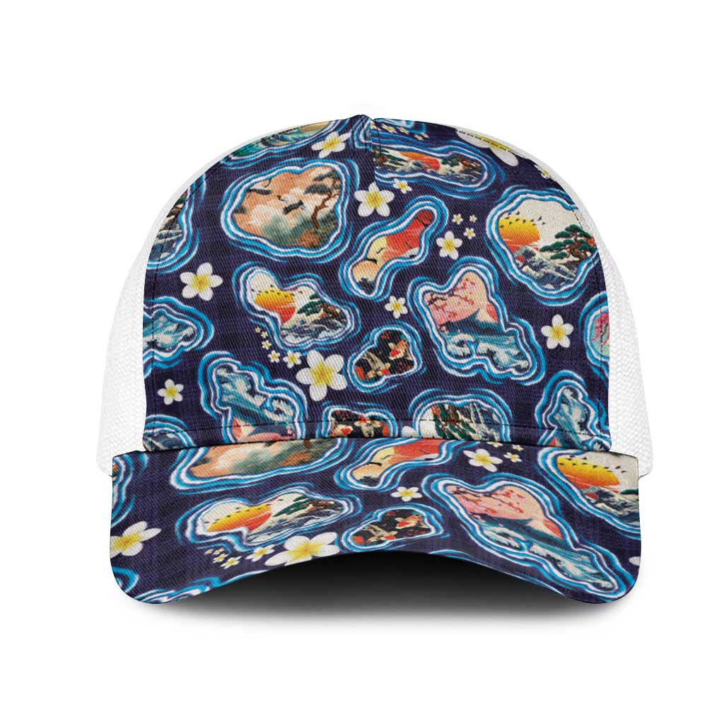 Hawaii Islands Map Design with Japanese Landscape Mesh Trucker Cap Hawaiian Japan Fusion Art Navy Color
