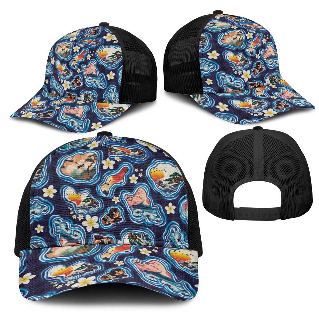Hawaii Islands Map Design with Japanese Landscape Mesh Trucker Cap Hawaiian Japan Fusion Art Navy Color