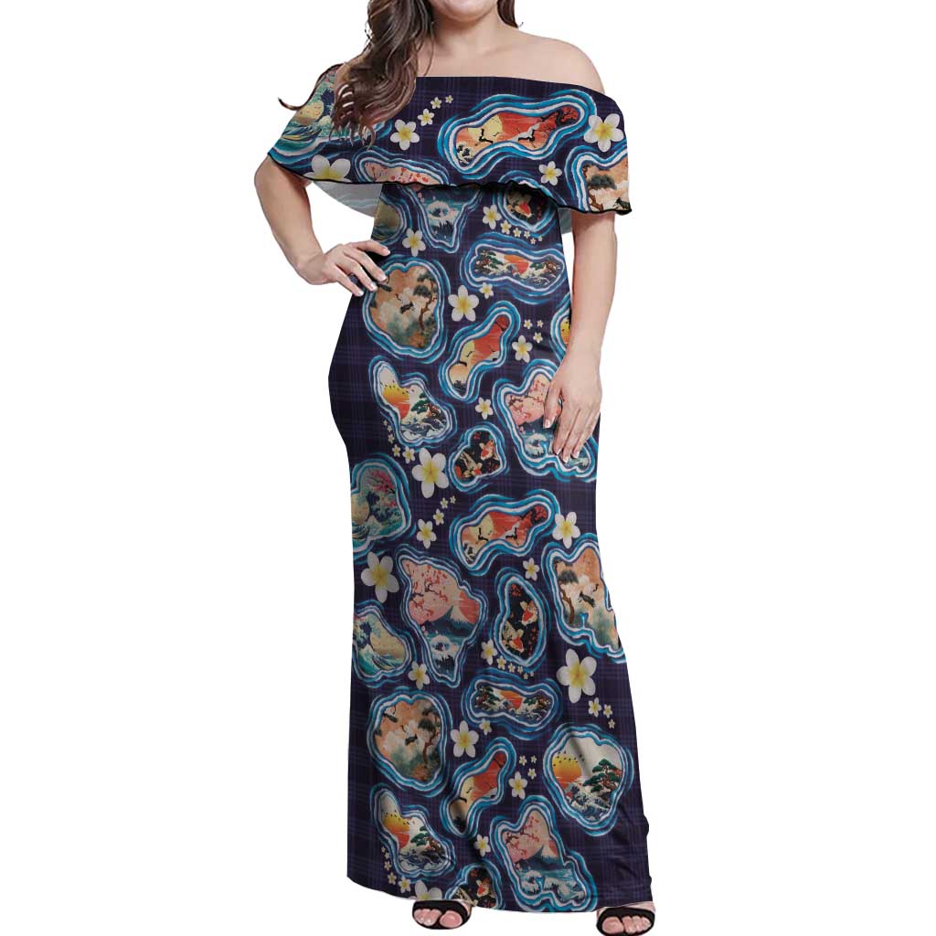 Hawaii Islands Map Design with Japanese Landscape Off Shoulder Maxi Dress Hawaiian Japan Fusion Art Navy Color LT03 Women Navy - Polynesian Pride