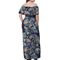 Hawaii Islands Map Design with Japanese Landscape Off Shoulder Maxi Dress Hawaiian Japan Fusion Art Navy Color LT03 - Polynesian Pride