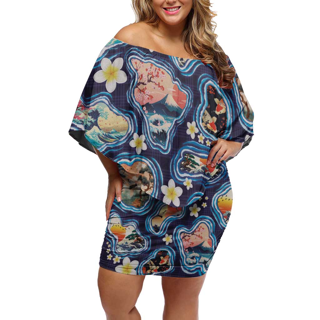 Hawaii Islands Map Design with Japanese Landscape Off Shoulder Short Dress Hawaiian Japan Fusion Art Navy Color LT03 Women Navy - Polynesian Pride