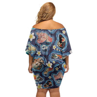 Hawaii Islands Map Design with Japanese Landscape Off Shoulder Short Dress Hawaiian Japan Fusion Art Navy Color LT03 - Polynesian Pride