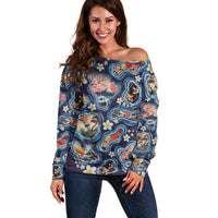 Hawaii Islands Map Design with Japanese Landscape Off Shoulder Sweater Hawaiian Japan Fusion Art Navy Color LT03 Women Navy - Polynesian Pride