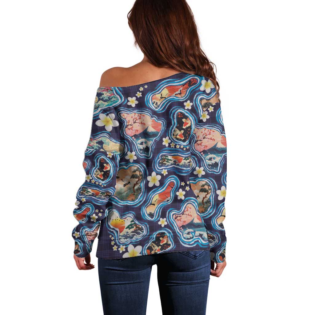 Hawaii Islands Map Design with Japanese Landscape Off Shoulder Sweater Hawaiian Japan Fusion Art Navy Color LT03 - Polynesian Pride