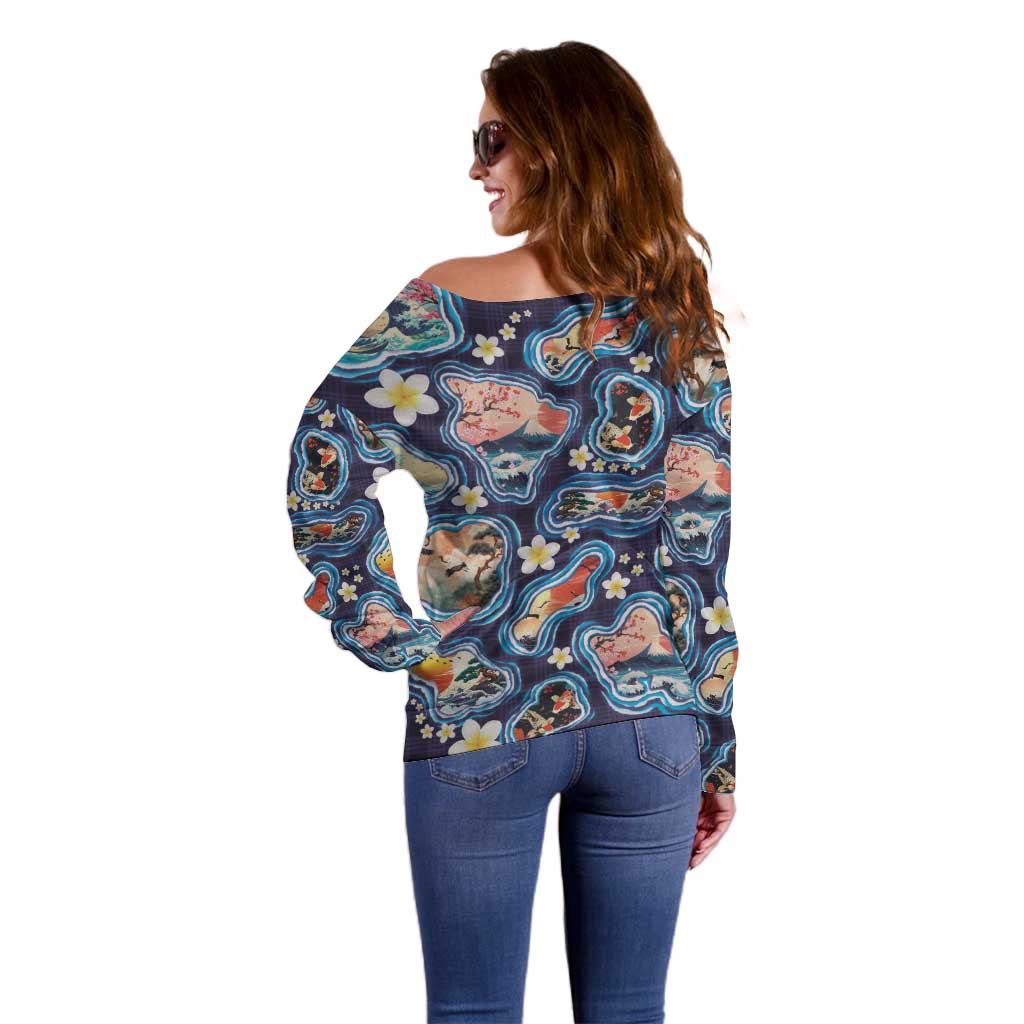 Hawaii Islands Map Design with Japanese Landscape Off Shoulder Sweater Hawaiian Japan Fusion Art Navy Color LT03 - Polynesian Pride