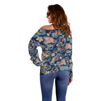 Hawaii Islands Map Design with Japanese Landscape Off Shoulder Sweater Hawaiian Japan Fusion Art Navy Color LT03 - Polynesian Pride