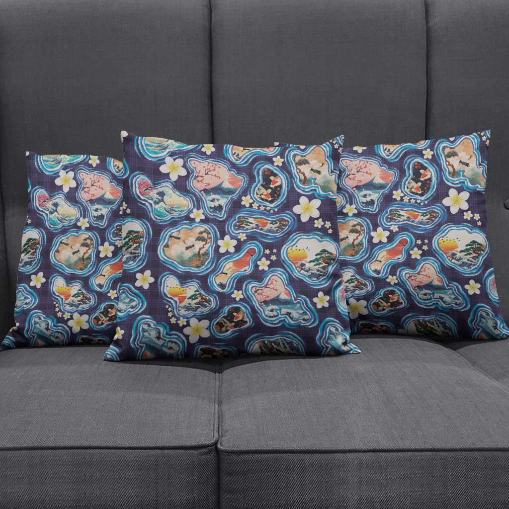 Hawaii Islands Map Design with Japanese Landscape Pillow Cover Hawaiian Japan Fusion Art Navy Color LT03 - Polynesian Pride