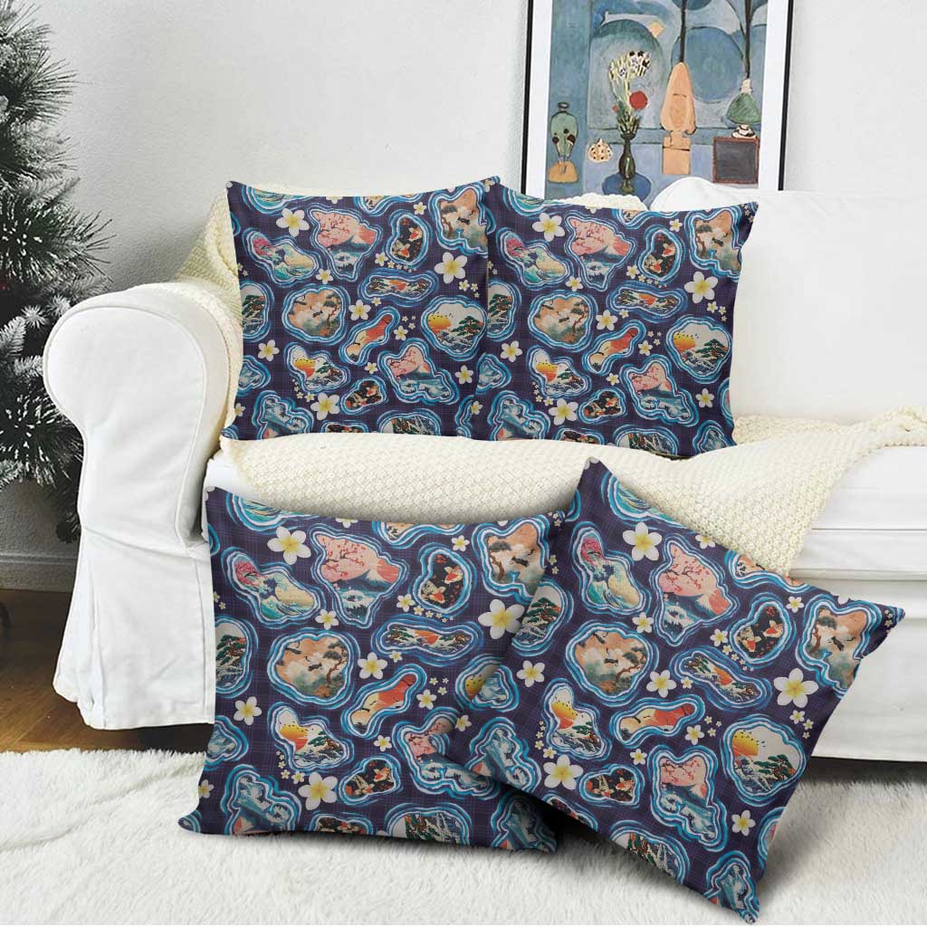 Hawaii Islands Map Design with Japanese Landscape Pillow Cover Hawaiian Japan Fusion Art Navy Color LT03 - Polynesian Pride