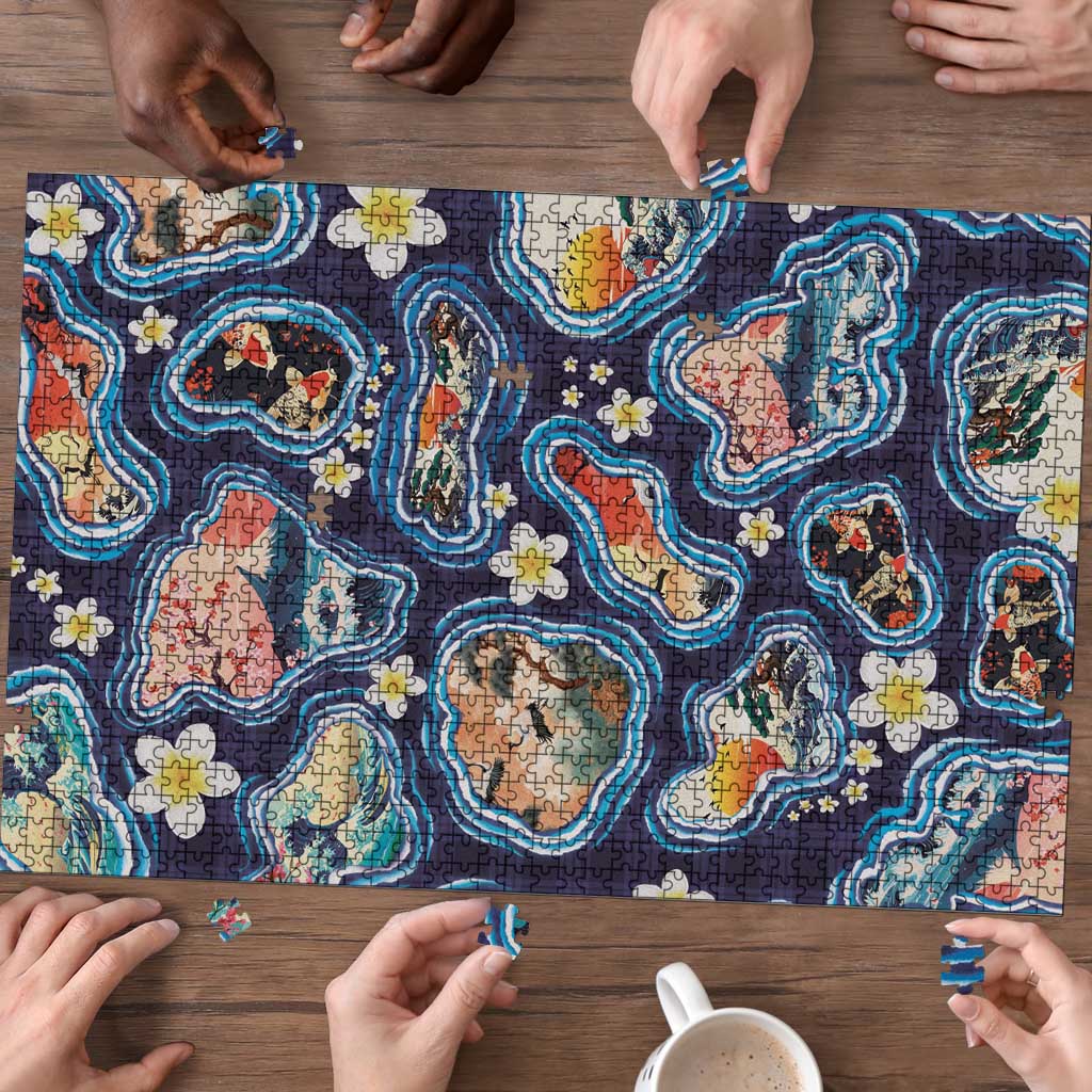 Hawaii Islands Map Design with Japanese Landscape Puzzle Hawaiian Japan Fusion Art Navy Color