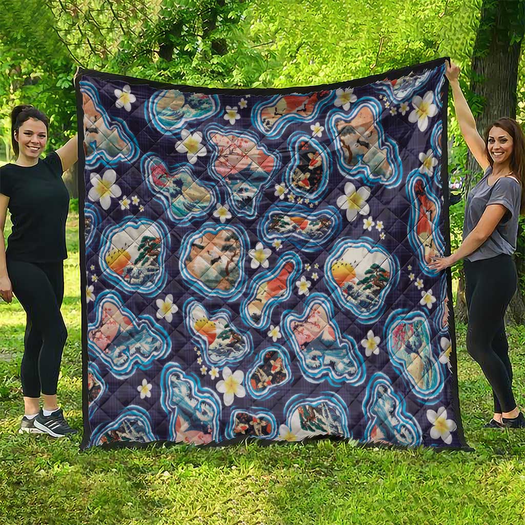 Hawaii Islands Map Design with Japanese Landscape Quilt Hawaiian Japan Fusion Art Navy Color LT03 - Polynesian Pride