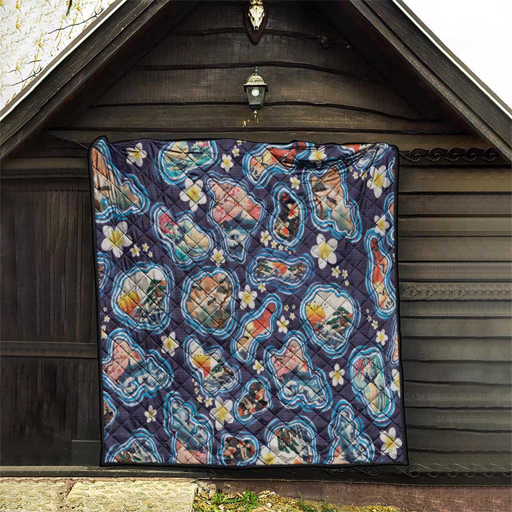 Hawaii Islands Map Design with Japanese Landscape Quilt Hawaiian Japan Fusion Art Navy Color LT03 - Polynesian Pride