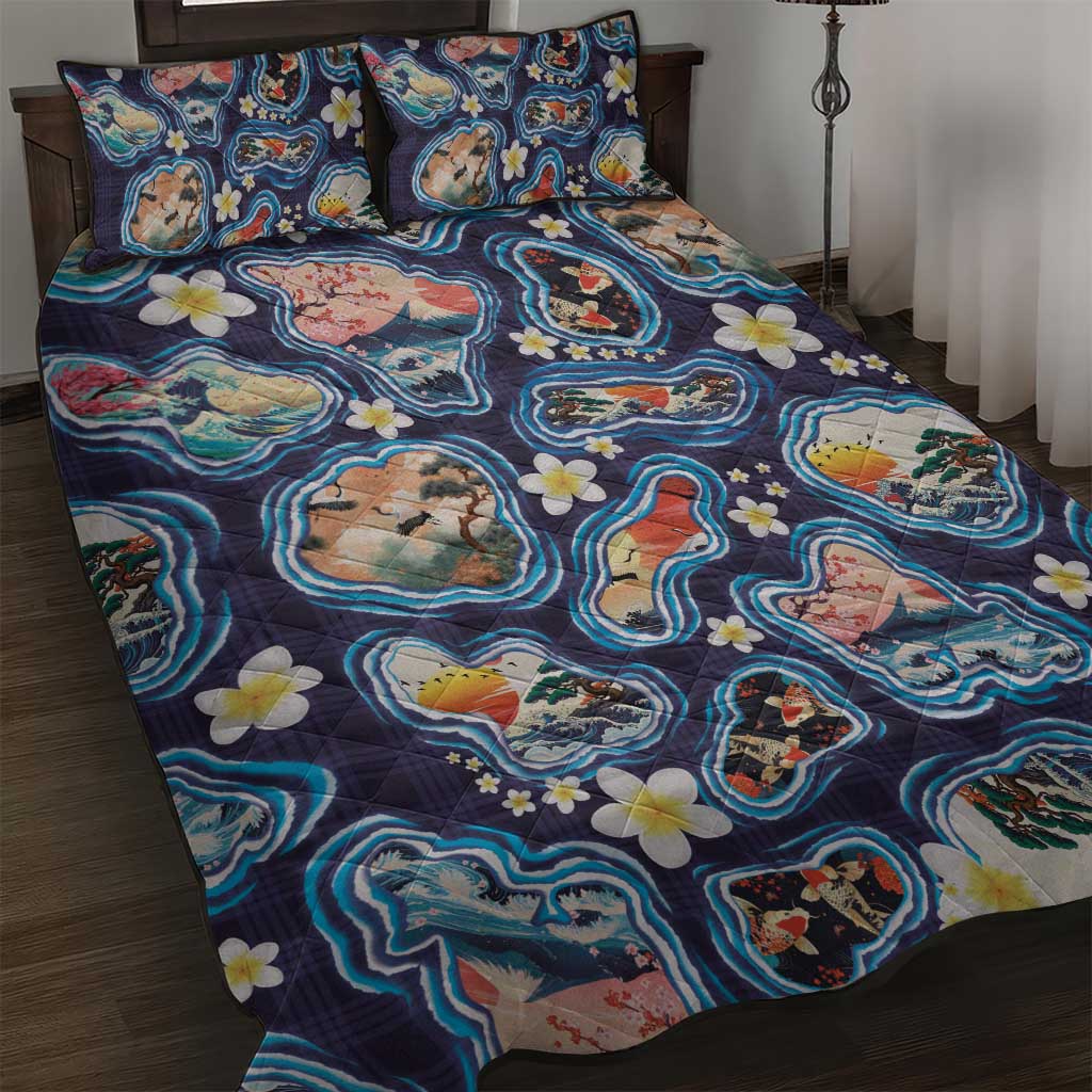 Hawaii Islands Map Design with Japanese Landscape Quilt Bed Set Hawaiian Japan Fusion Art Navy Color LT03 Navy - Polynesian Pride