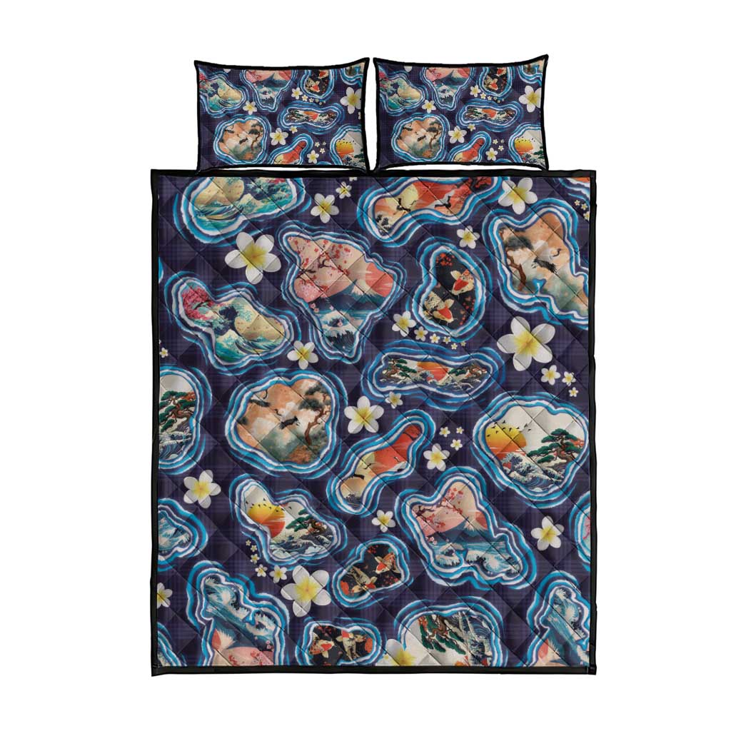 Hawaii Islands Map Design with Japanese Landscape Quilt Bed Set Hawaiian Japan Fusion Art Navy Color LT03 - Polynesian Pride