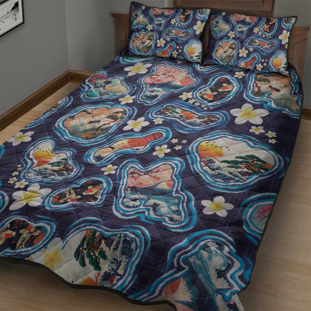 Hawaii Islands Map Design with Japanese Landscape Quilt Bed Set Hawaiian Japan Fusion Art Navy Color LT03 - Polynesian Pride