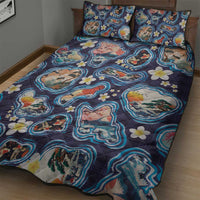 Hawaii Islands Map Design with Japanese Landscape Quilt Bed Set Hawaiian Japan Fusion Art Navy Color LT03 - Polynesian Pride