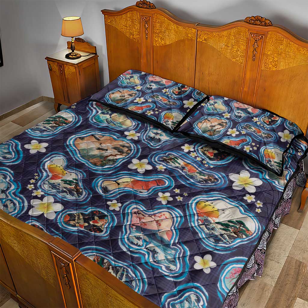 Hawaii Islands Map Design with Japanese Landscape Quilt Bed Set Hawaiian Japan Fusion Art Navy Color LT03 - Polynesian Pride