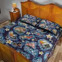 Hawaii Islands Map Design with Japanese Landscape Quilt Bed Set Hawaiian Japan Fusion Art Navy Color LT03 - Polynesian Pride