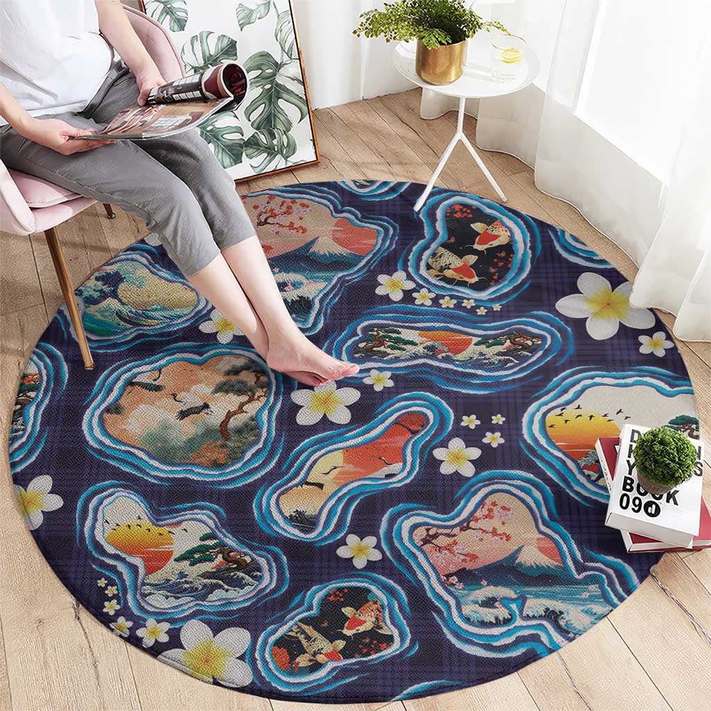 Hawaii Islands Map Design with Japanese Landscape Round Carpet Hawaiian Japan Fusion Art Navy Color LT03 - Polynesian Pride