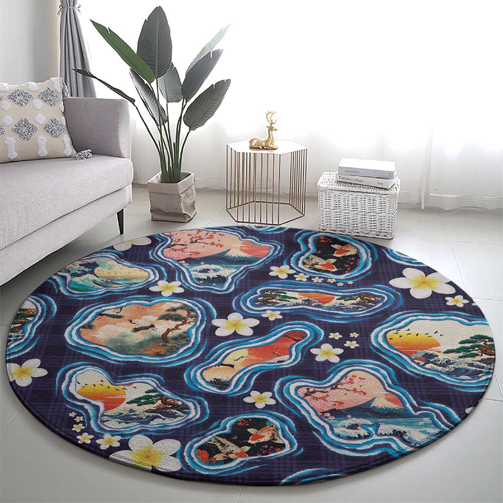Hawaii Islands Map Design with Japanese Landscape Round Carpet Hawaiian Japan Fusion Art Navy Color LT03 - Polynesian Pride