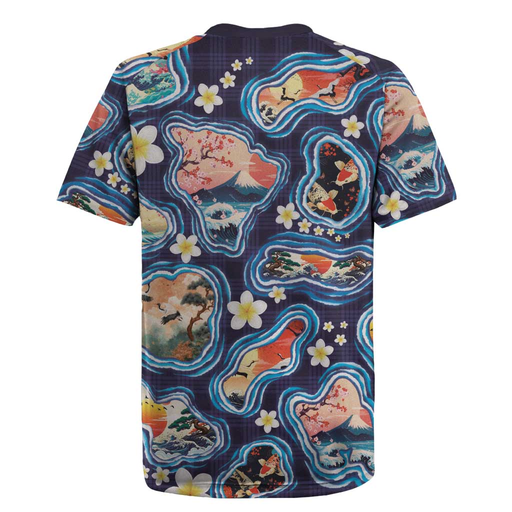 Hawaii Islands Map Design with Japanese Landscape Rugby Jersey Hawaiian Japan Fusion Art Navy Color LT03 - Polynesian Pride