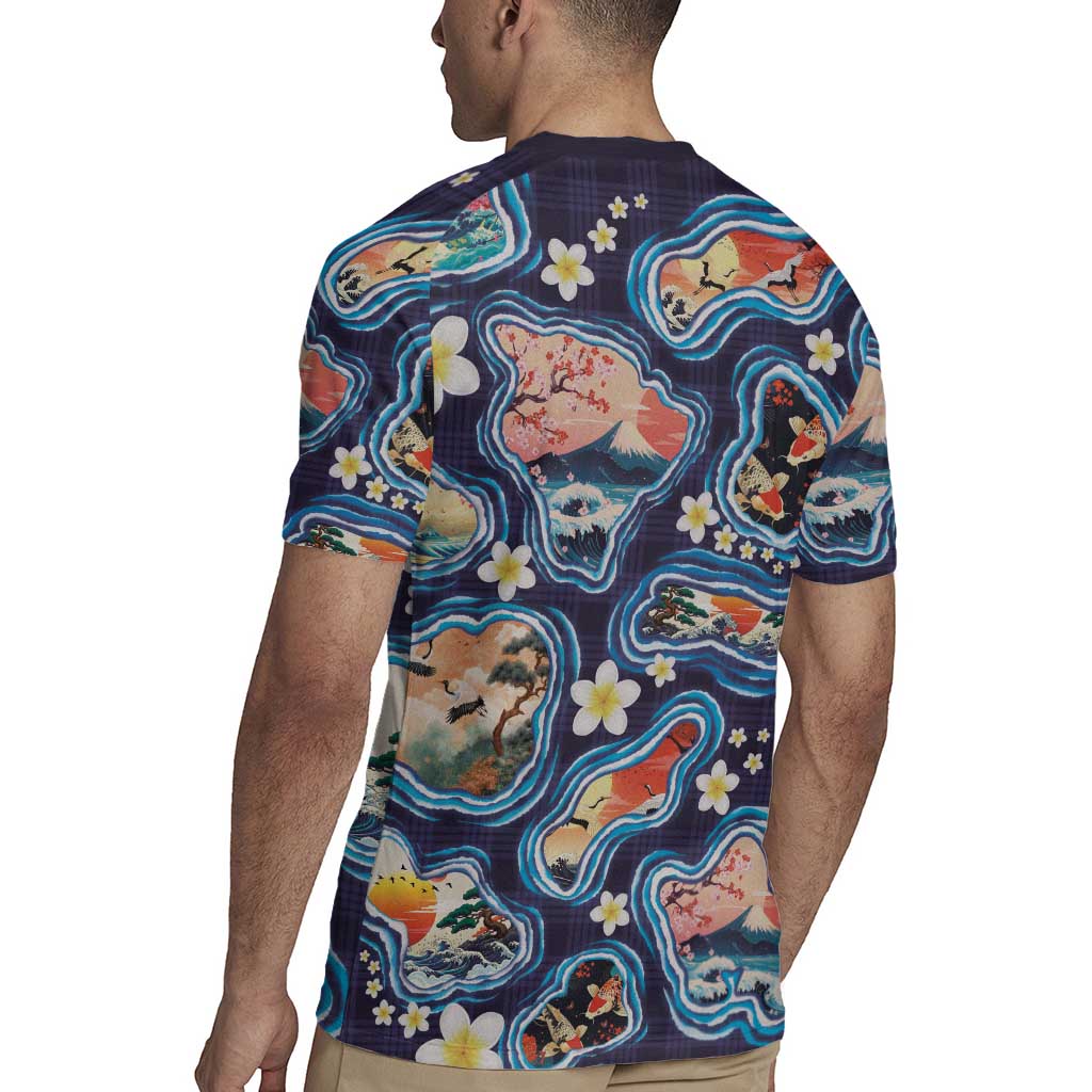 Hawaii Islands Map Design with Japanese Landscape Rugby Jersey Hawaiian Japan Fusion Art Navy Color LT03 - Polynesian Pride