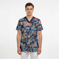 Hawaii Islands Map Design with Japanese Landscape Scrub Top Hawaiian Japan Fusion Art Navy Color
