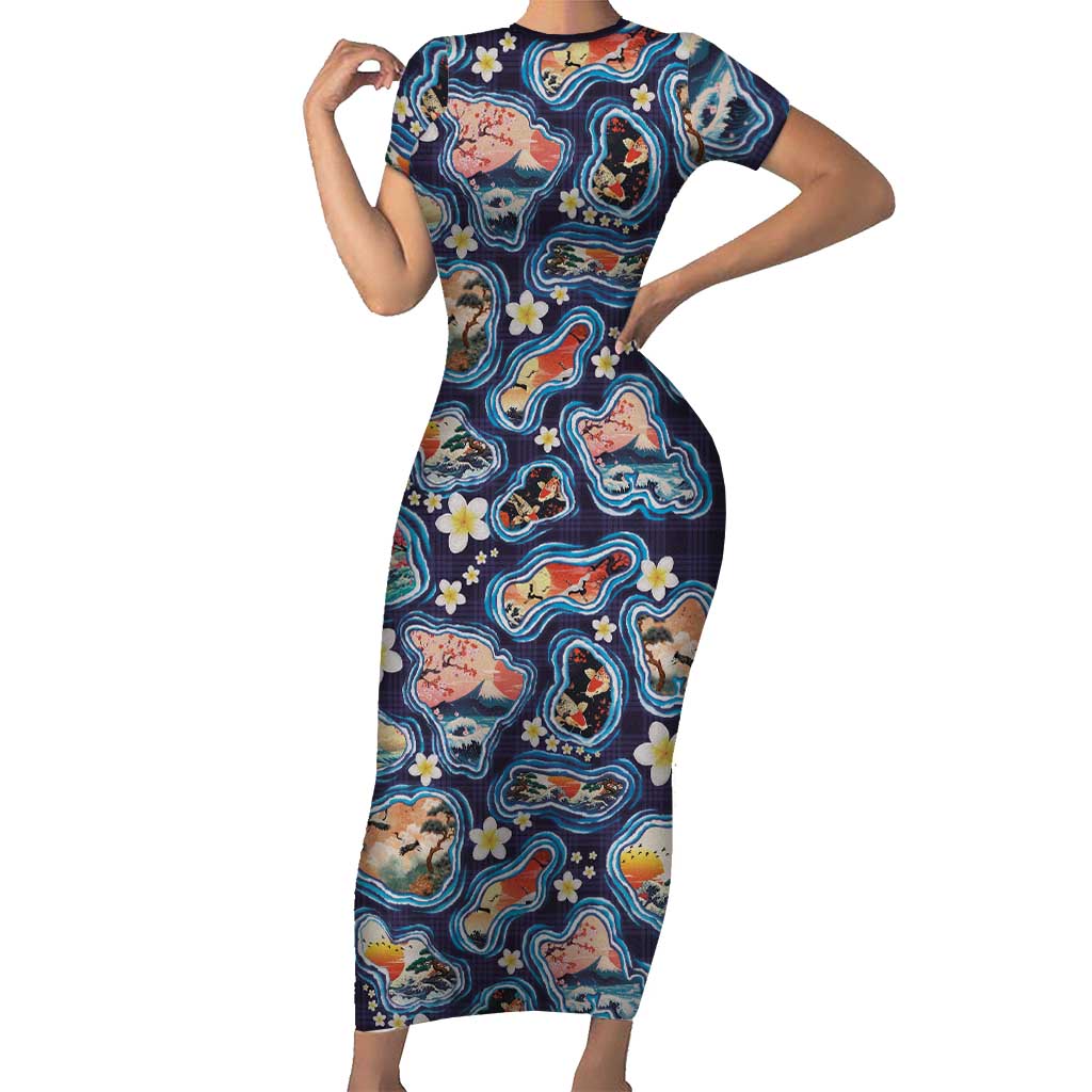 Hawaii Islands Map Design with Japanese Landscape Short Sleeve Bodycon Dress Hawaiian Japan Fusion Art Navy Color