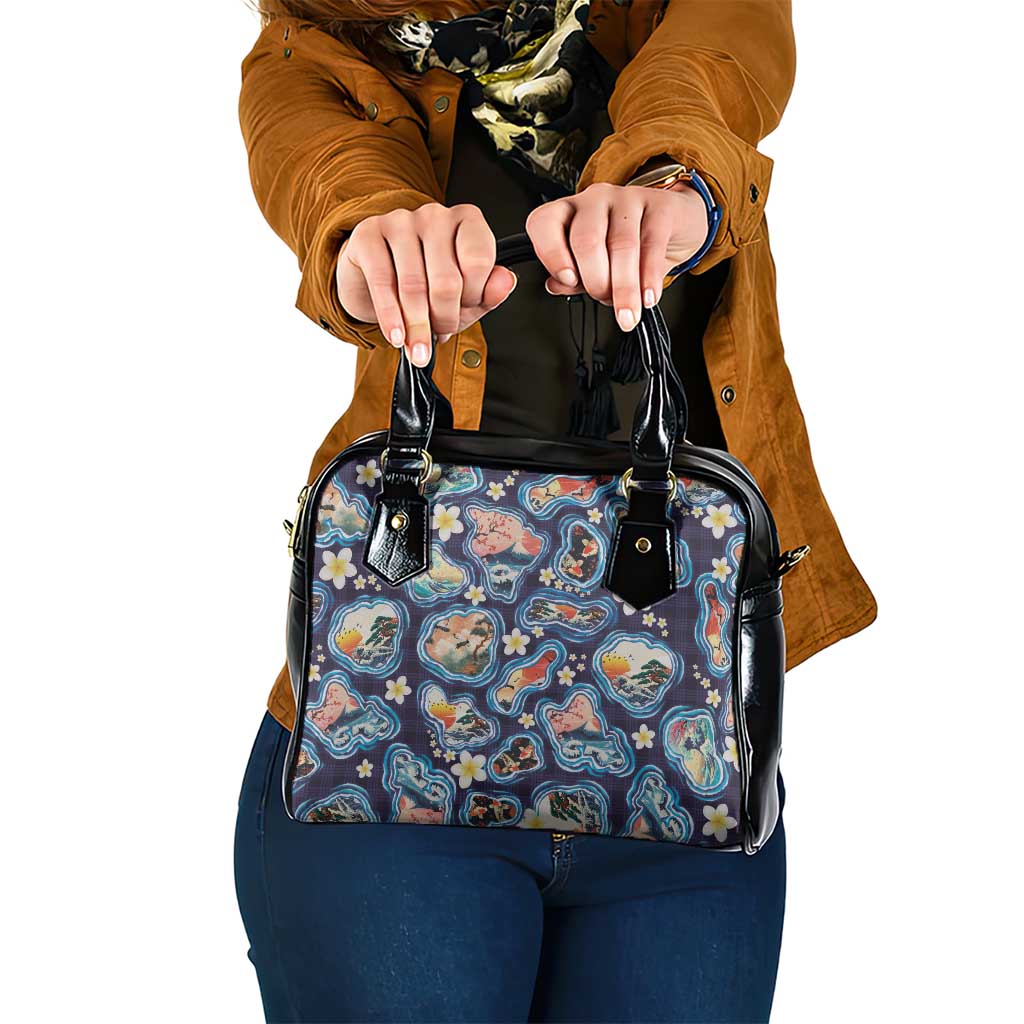 Hawaii Islands Map Design with Japanese Landscape Shoulder Handbag Hawaiian Japan Fusion Art Navy Color LT03 One Size Navy - Polynesian Pride