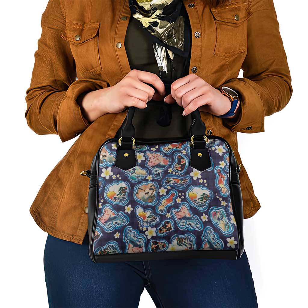 Hawaii Islands Map Design with Japanese Landscape Shoulder Handbag Hawaiian Japan Fusion Art Navy Color LT03 - Polynesian Pride