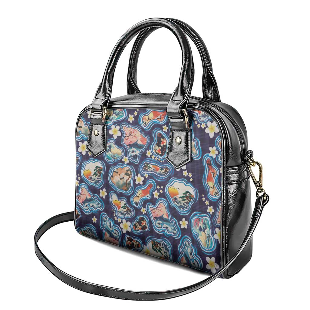 Hawaii Islands Map Design with Japanese Landscape Shoulder Handbag Hawaiian Japan Fusion Art Navy Color LT03 - Polynesian Pride
