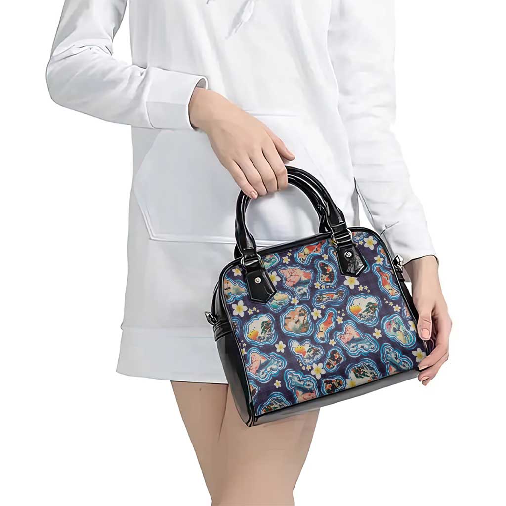 Hawaii Islands Map Design with Japanese Landscape Shoulder Handbag Hawaiian Japan Fusion Art Navy Color LT03 - Polynesian Pride