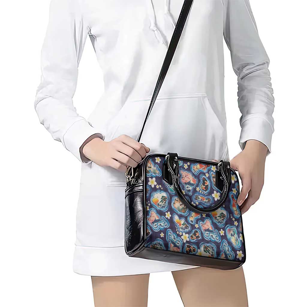 Hawaii Islands Map Design with Japanese Landscape Shoulder Handbag Hawaiian Japan Fusion Art Navy Color LT03 - Polynesian Pride