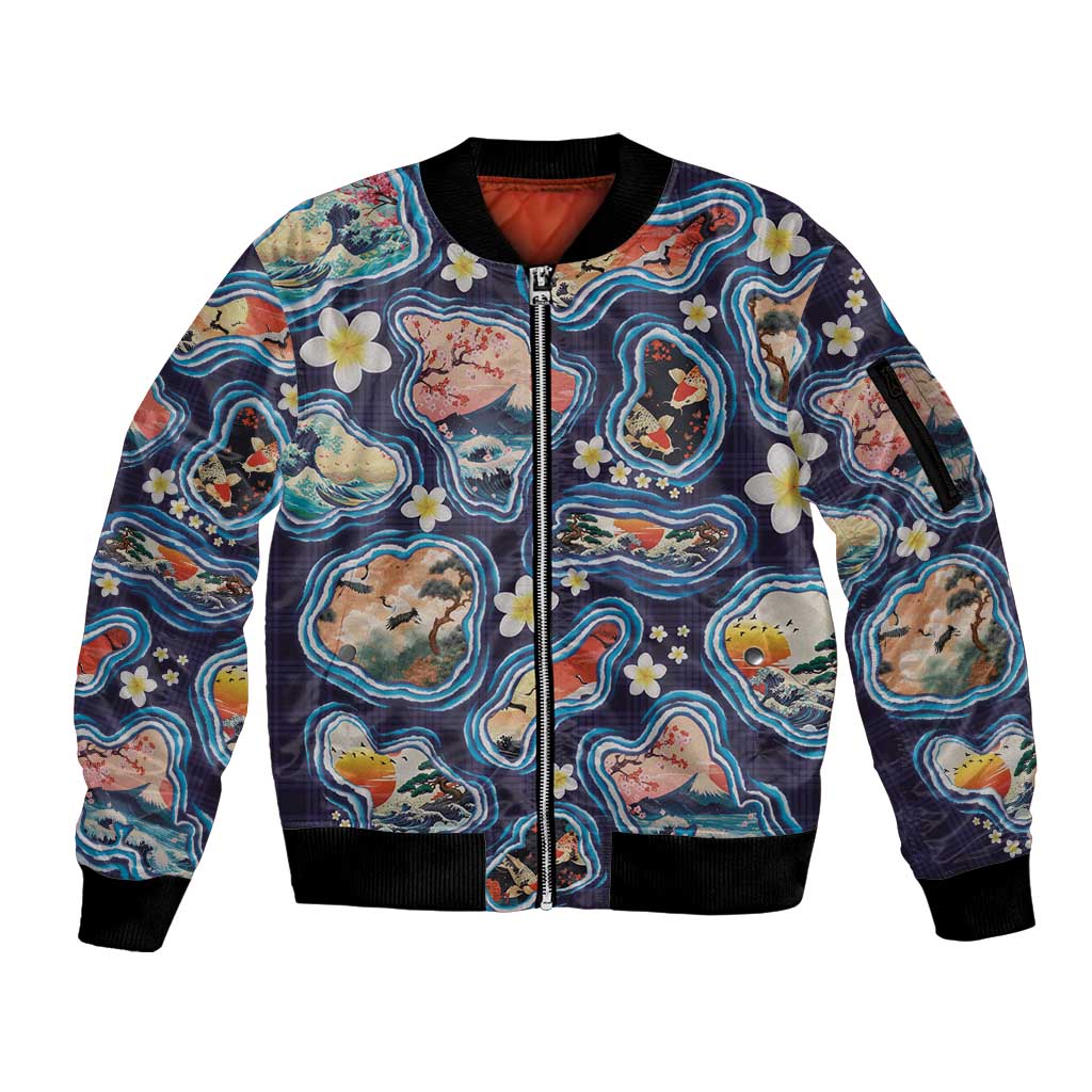 Hawaii Islands Map Design with Japanese Landscape Sleeve Zip Bomber Jacket Hawaiian Japan Fusion Art Navy Color LT03 Unisex Navy - Polynesian Pride