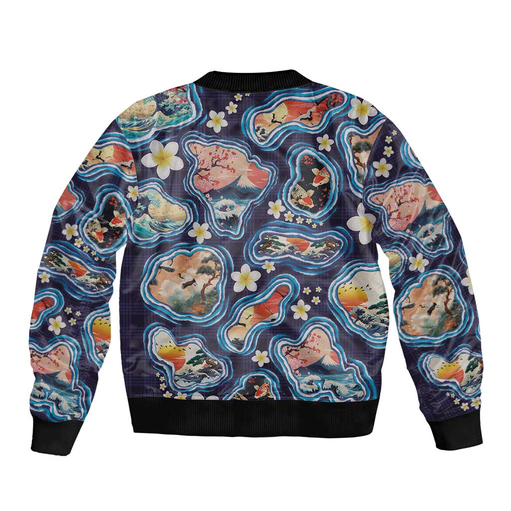 Hawaii Islands Map Design with Japanese Landscape Sleeve Zip Bomber Jacket Hawaiian Japan Fusion Art Navy Color LT03 - Polynesian Pride