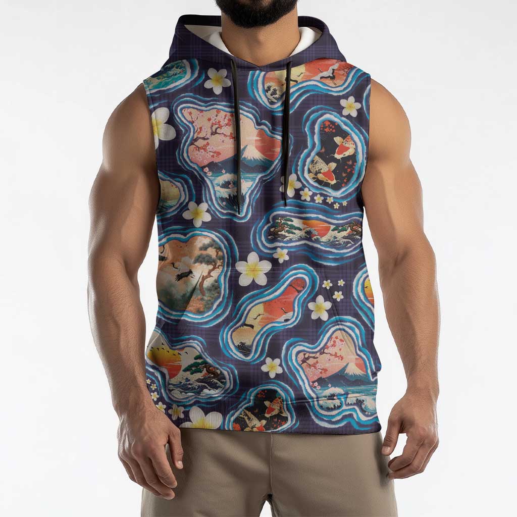 Hawaii Islands Map Design with Japanese Landscape Sleeveless Hoodie Hawaiian Japan Fusion Art Navy Color LT03 - Polynesian Pride