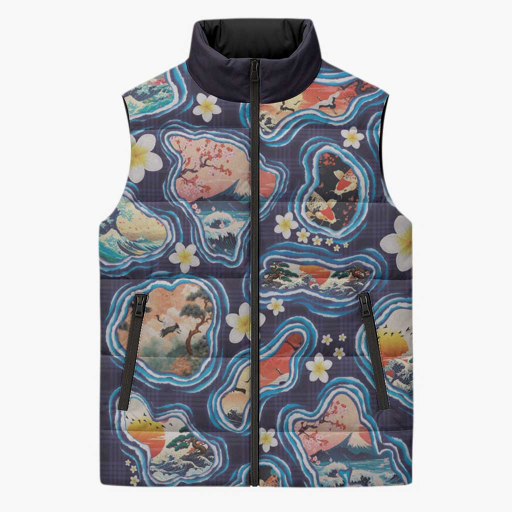 Hawaii Islands Map Design with Japanese Landscape Sleeveless Puffer Jacket Hawaiian Japan Fusion Art Navy Color LT03 Unisex Navy - Polynesian Pride