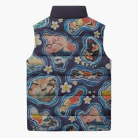 Hawaii Islands Map Design with Japanese Landscape Sleeveless Puffer Jacket Hawaiian Japan Fusion Art Navy Color LT03 - Polynesian Pride