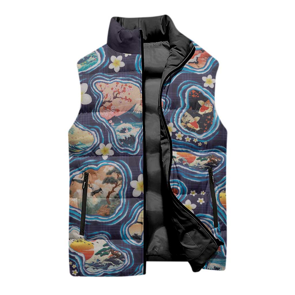 Hawaii Islands Map Design with Japanese Landscape Sleeveless Puffer Jacket Hawaiian Japan Fusion Art Navy Color LT03 - Polynesian Pride