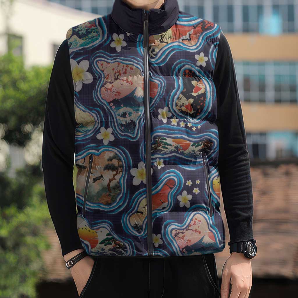 Hawaii Islands Map Design with Japanese Landscape Sleeveless Puffer Jacket Hawaiian Japan Fusion Art Navy Color LT03 - Polynesian Pride