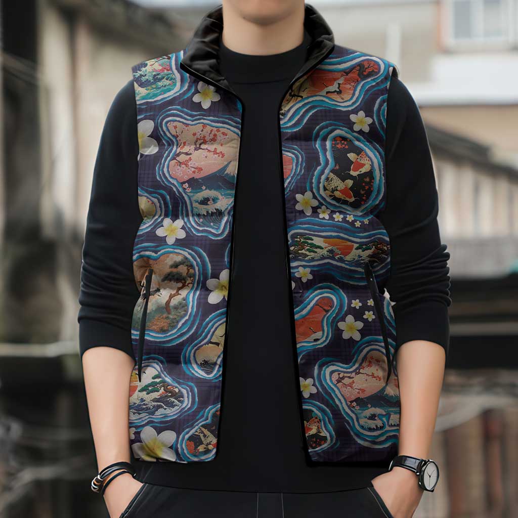 Hawaii Islands Map Design with Japanese Landscape Sleeveless Puffer Jacket Hawaiian Japan Fusion Art Navy Color LT03 - Polynesian Pride