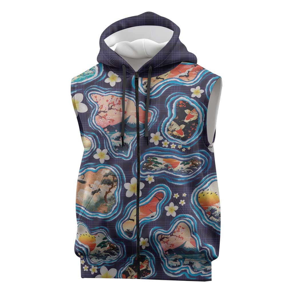 Hawaii Islands Map Design with Japanese Landscape Sleeveless Zip Hoodie Hawaiian Japan Fusion Art Navy Color