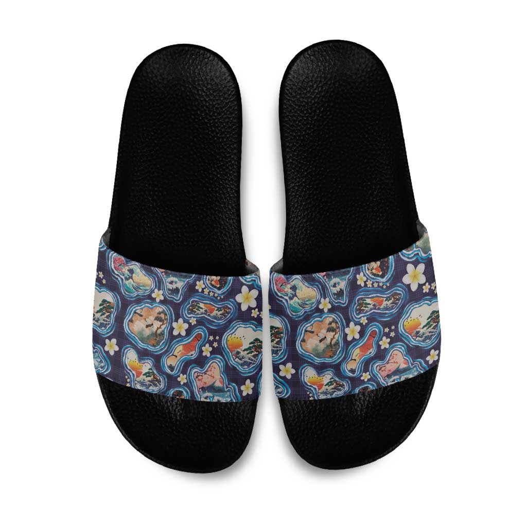 Hawaii Islands Map Design with Japanese Landscape Slide Sandals Hawaiian Japan Fusion Art Navy Color LT03 Navy - Polynesian Pride